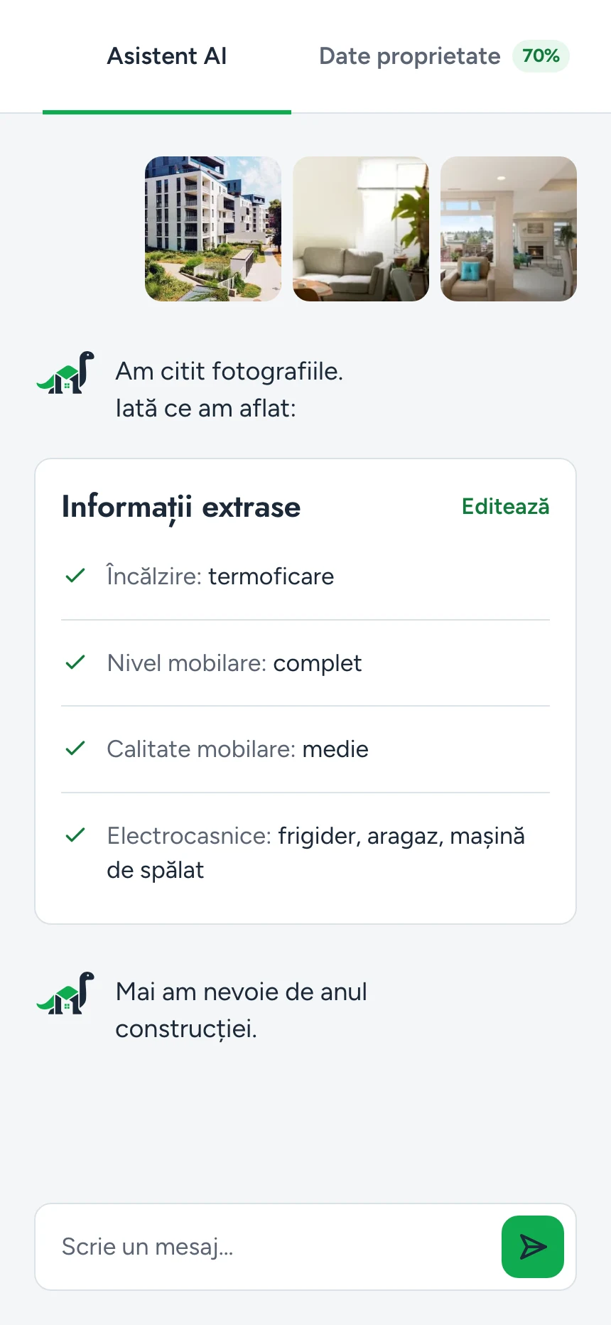 Chatul după trei fotografii: asistentul afișează informațiile extrase, încălzirea, mobilarea și electrocasnicele.