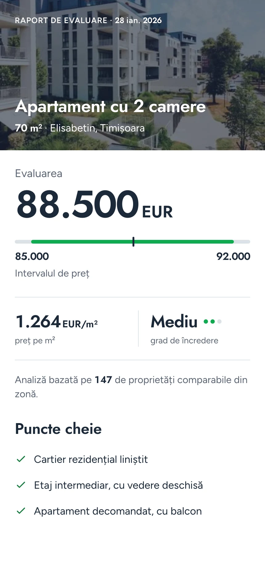 Raportul de evaluare: 88.500 EUR, interval 85.000 – 92.000 EUR, 1.264 EUR/m², grad de încredere Mediu, 147 de proprietăți comparabile.