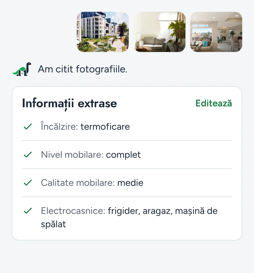 Chatul asistentului după trei fotografii, cu informațiile extrase: încălzire prin termoficare, mobilare completă de calitate medie, frigider, aragaz și mașină de spălat.